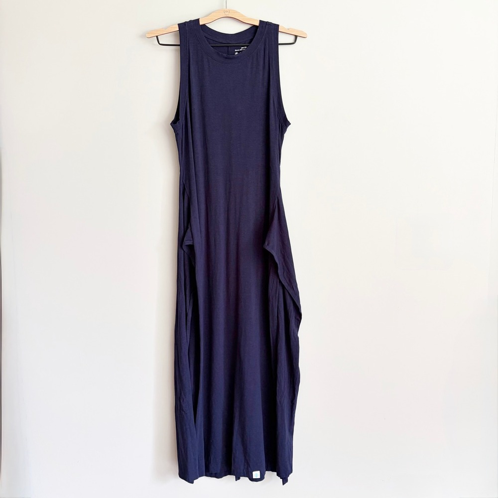 Coolibar Jupiter Midi Tie Dress Navy Blue Size Medium UPF 50 Bamboo Cotton